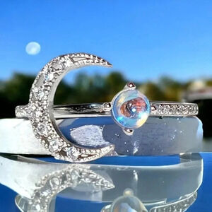 🆕️S925 Silver Crescent Moon Simulated Moonstone Adjustable Ring And Rhinestones